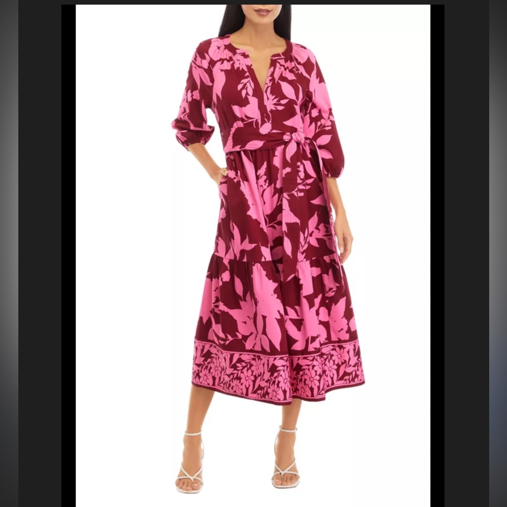 Crown & Ivy NWT cranberry leaf belted midi dress small crisp cotton dress